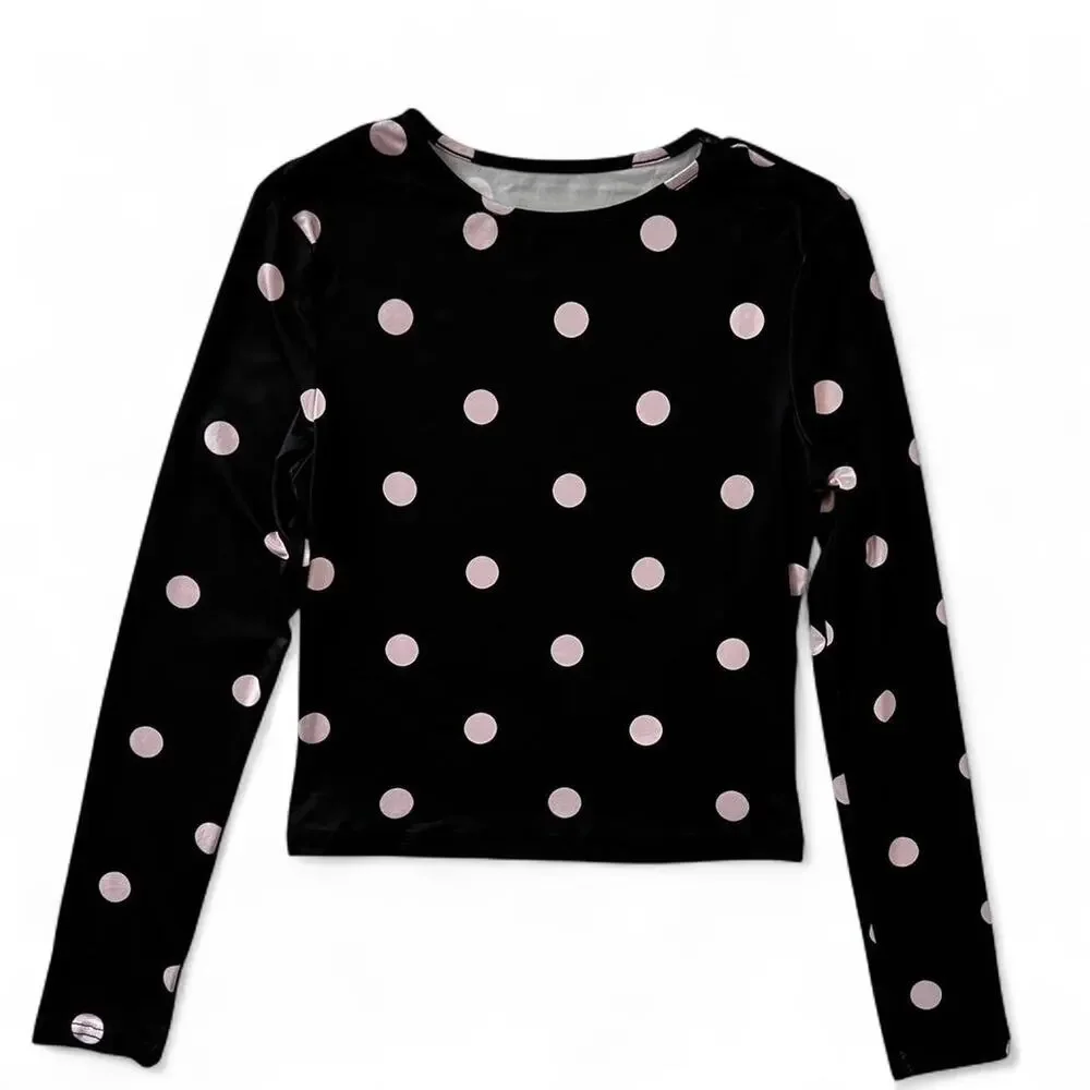 Black Pink Polka Dot Long Sleeve Top Y2K Basic Stretch Minimalist Women's Small - Picture 2 of 5